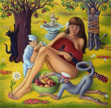 Fantasía Painting - niña tocando la guitarra con mono fantasía